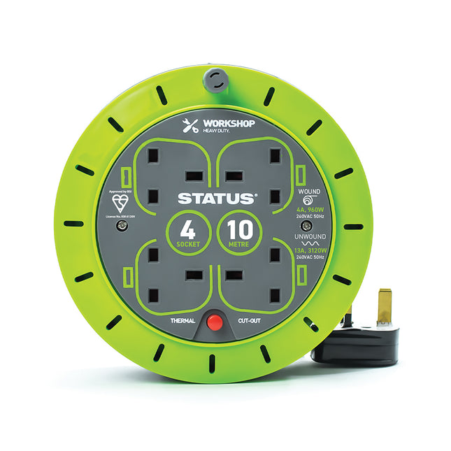 10 Mtr 13 Amp 4 Socket Outlet with Thermal Cut Out Green Cassette Reel