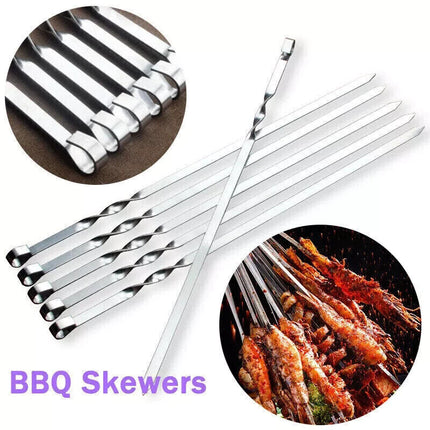12PCS LONG Metal Kebab Grilling Steel Sticks Flat BBQ Skewers Barbecue Meat 40cm