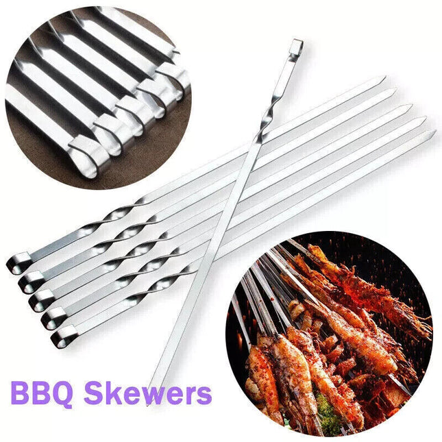 12PCS LONG Metal Kebab Grilling Steel Sticks Flat BBQ Skewers Barbecue Meat 40cm