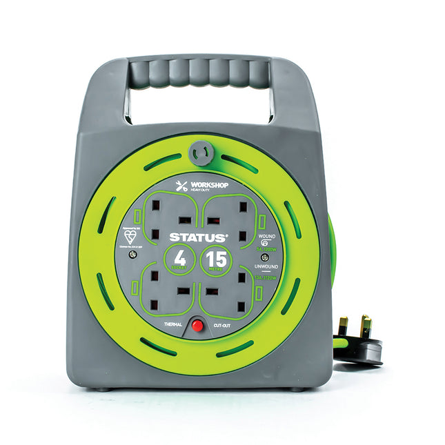 15 Mtr 13 Amp Hand Bag 4 Socket Outlet with Thermal Cut Out Green Cable Reel