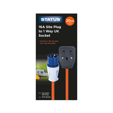 16 Amp Mains Round 3 Pin Site Plug to UK 1 Way BS Socket 20cm Orange Cable Conversion Hook Up Lead 230v IP44