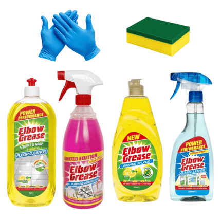 Elbow Grease Complete Home Cleaning Bundle 4 Cleaning Solutions Glove Sponge Floor Cleaner Degreaser Washing Up Liquid