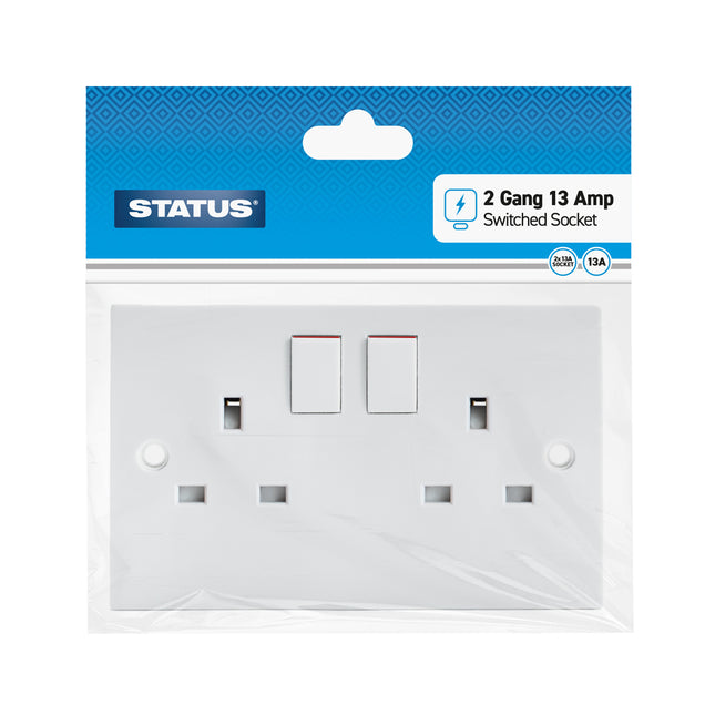2 Gang 13 Amp Wall Socket Switched White 1 pk in Poly Bag