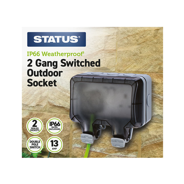 2 Gang 13 Amp Weatherproof IP66 Switched Socket White Grey Cover