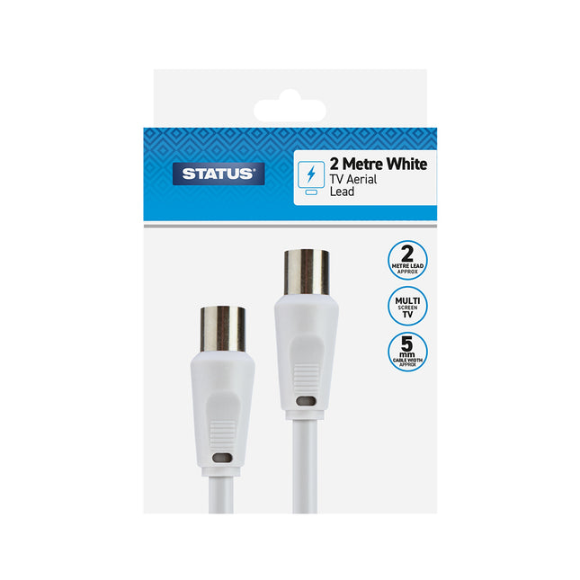2 Mtr Aerial Coaxial Lead Male to Male Cable 5mm White 1 pk