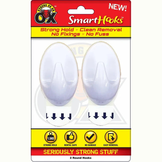 2 Round Hooks Removable No Wall Damage Strong Adhesive Hooks 4 x 7cm