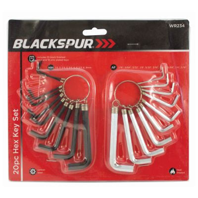 20PC HEX KEY SET Includes 10 Black Anodised MM 1.5 - 10mm and 10 Zinc Plated AF 5/64" - 3/8" hex keys.