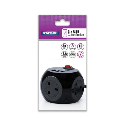 3 Way 1.4 Mtr Cube Extension Socket Black 3 x USB Charging Port Plug 1 pk