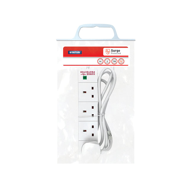 4 Way 2 Mtr Surge Protected Extension Socket White Neon Indicator Plug 1 pk