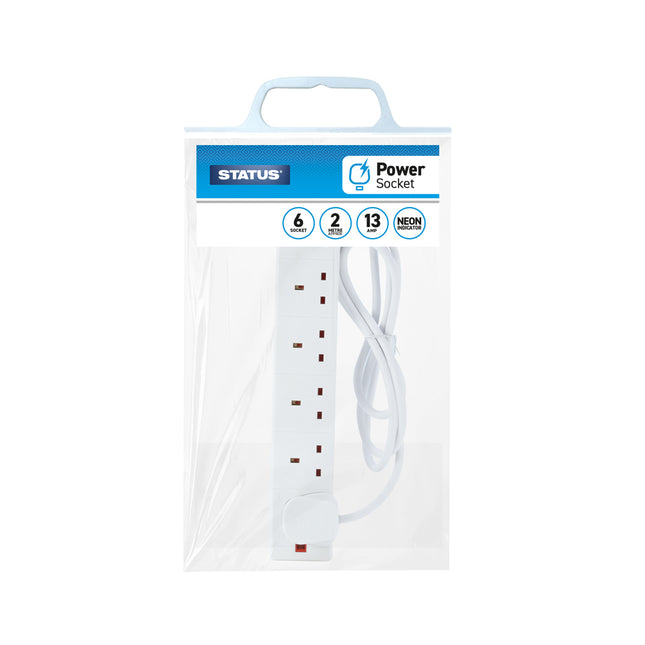 6 Way 2 Mtr Extension Socket White Neon Indicator Plug