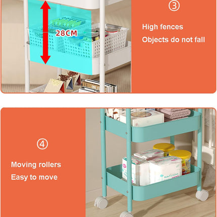 3 Layers Carbon Steel Trolley Shelf Double Armrest with Wheels Storage Rack