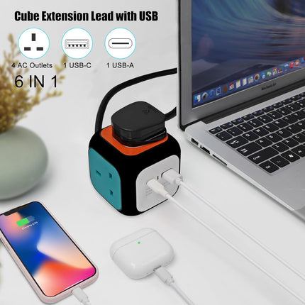 Power Cube 4 Way Socket with USB Charger 1 Type A+ 1 Type C