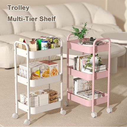 3 Layers Carbon Steel Trolley Shelf Double Armrest with Wheels Storage Rack