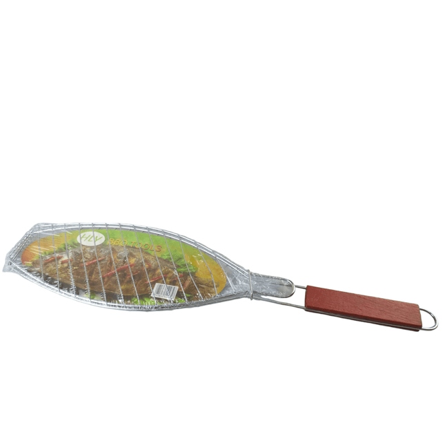 Fish Grill Basket Rack Large BBQ Meat Folding Stand Long Wood Handle 62cm x 15cm