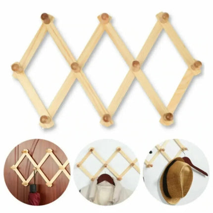 Wooden Wall Hanger Expandable 10 Peg Coat Rack Hat Closet Hook Expanding Fold