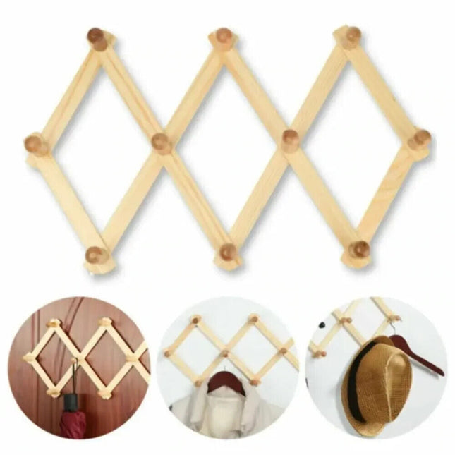 Wooden Wall Hanger Expandable 10 Peg Coat Rack Hat Closet Hook Expanding Fold